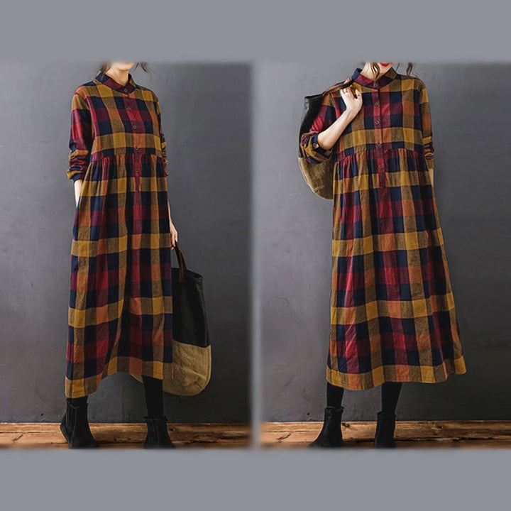Buddha Stones Commute Patchwork Color Plaid Long Sleeve Midi Dress - image 19