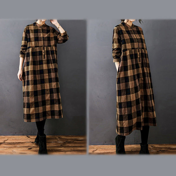Buddha Stones Commute Patchwork Color Plaid Long Sleeve Midi Dress - image 14