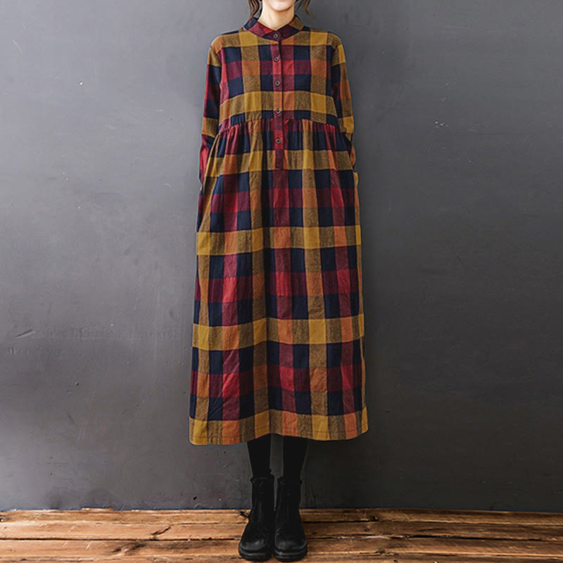 Buddha Stones Commute Patchwork Color Plaid Long Sleeve Cotton Midi Dress - Red Goldenrod Plaid - US8-10，UK/AU12-14，EU40-42 (2XL) - image 15