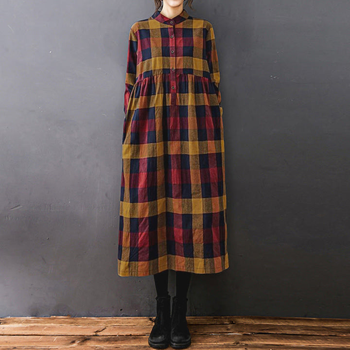 Buddha Stones Commute Patchwork Color Plaid Long Sleeve Cotton Midi Dress - Red Goldenrod Plaid - US8-10，UK/AU12-14，EU40-42 (2XL) - image 15