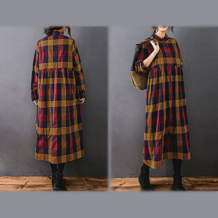 Buddha Stones Commute Patchwork Color Plaid Long Sleeve Midi Dress - image 20