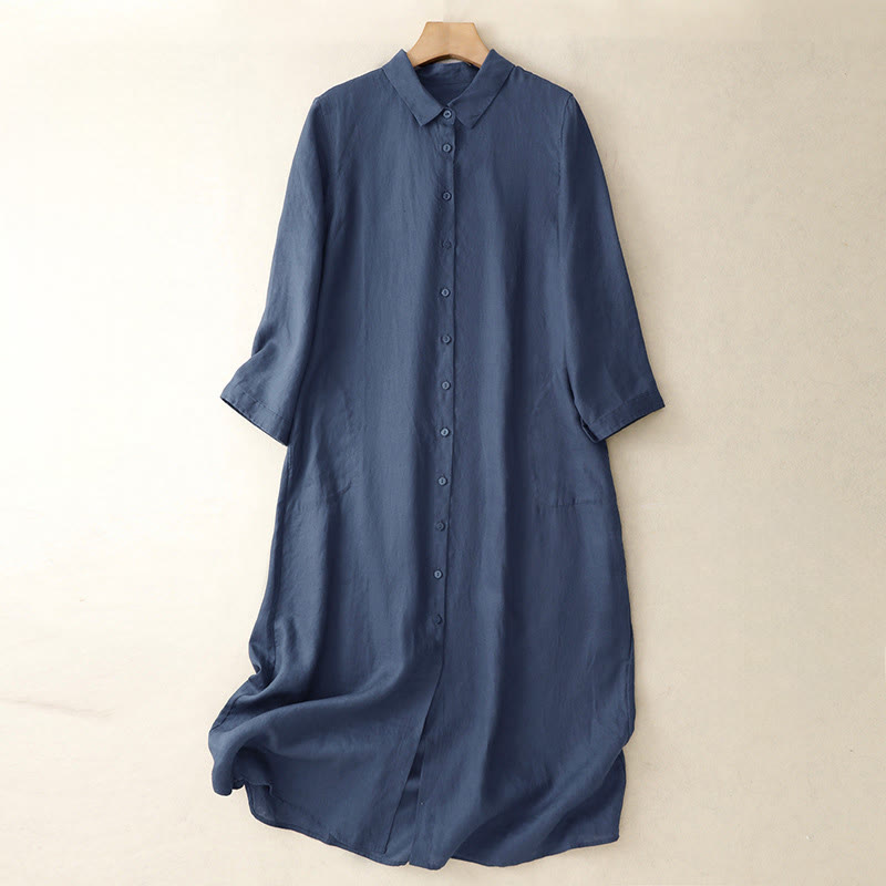 Buddha Stones Fall Commute Plain Buttons Design Long Sleeve Cotton Midi Dress With Pockets - MidnightBlue - US8-10，UK/AU12-14，EU40-42 (2XL) - image 1