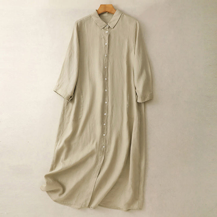 Buddha Stones Fall Commute Plain Buttons Design Long Sleeve Cotton Midi Dress With Pockets - PaleGoldenrod - US8-10，UK/AU12-14，EU40-42 (2XL) - image 9