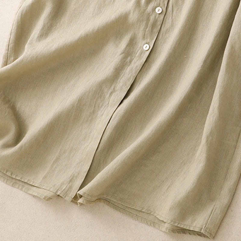 Buddha Stones Fall Commute Plain Buttons Design Long Sleeve Cotton Midi Dress With Pockets - image 15