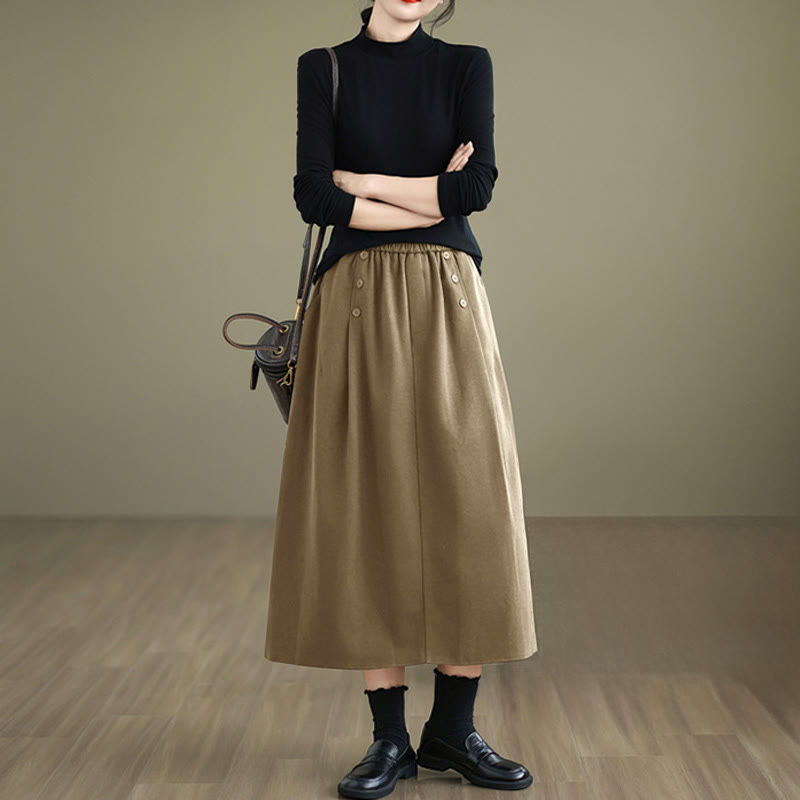 Buddha Stones Women's Winter Pure Color Cotton 7-8 Length Elastic Waistband Skirt With Pockets - image 11