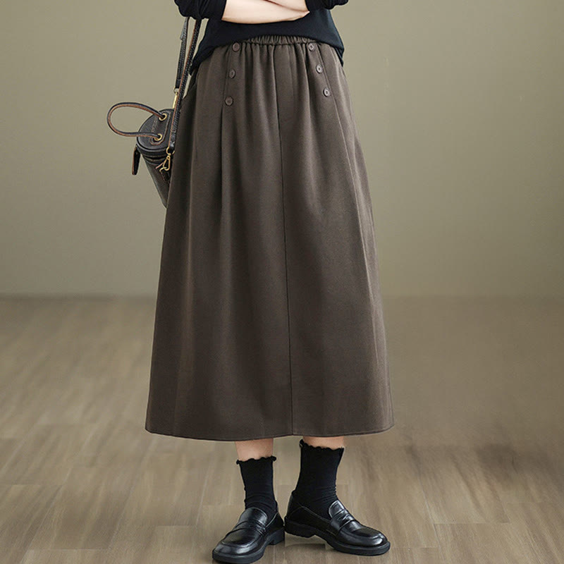 Buddha Stones Women's Winter Pure Color Cotton 7-8 Length Elastic Waistband Skirt With Pockets - image 2