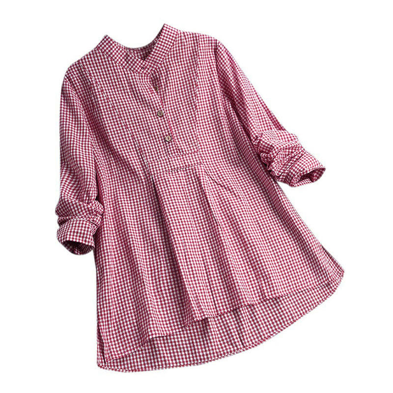 Buddha Stones Women's Buttons Long Sleeve Checked Pattern Shirt - Crimson - US16，UK/AU20，EU48 (5XL) - image 1
