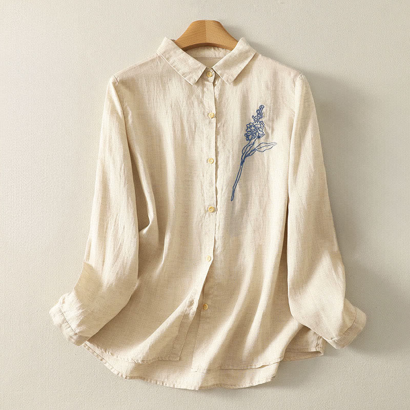 Buddha Stones Spring Embroidered Flower Long Sleeve Women's Buttons Shirt - LightYellow - US8-10，UK/AU12-14，EU40-42 (2XL) - image 1