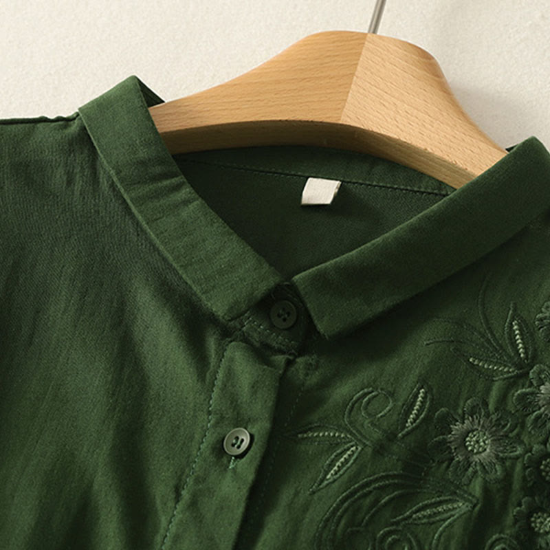 Buddha Stones Embroidered Flower Vine Pattern Long Sleeve Women's Lapel Shirt - image 2