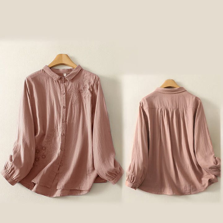 Buddha Stones Embroidered Flower Vine Pattern Long Sleeve Women's Lapel Shirt - image 16