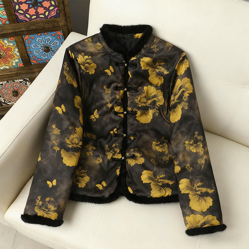 Buddha Stones Frog-button Flower Tree Pattern Women's Long Sleeve Thickened Jacket  - Black - US12，UK/AU16，EU44(4XL) - image 0