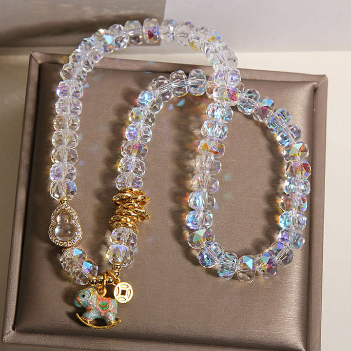 Buddha Stones Chinese Zodiac Year Of The Horse Crystal Glass Copper Coin Gourd Double Wrap Bracelet - image 11