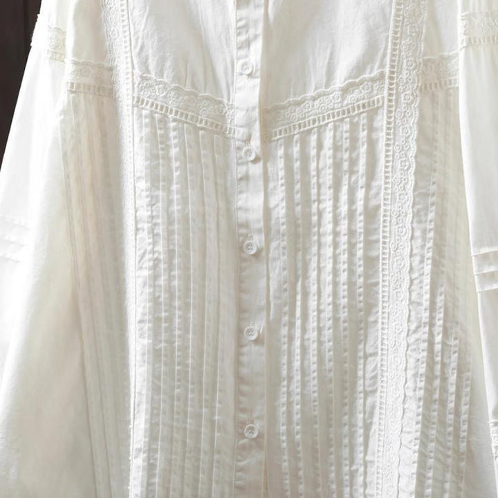 Buddha Stones Fall White Accordion Pleat Design Buttons Women's Cotton Long Sleeve Shirt - image 7