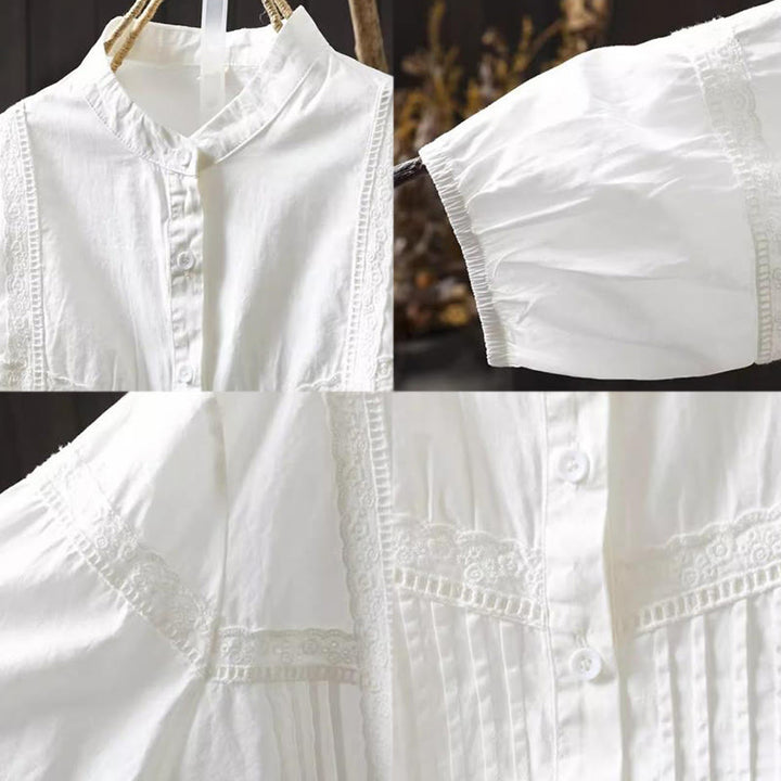 Buddha Stones Fall White Accordion Pleat Design Buttons Women's Cotton Long Sleeve Shirt - image 11