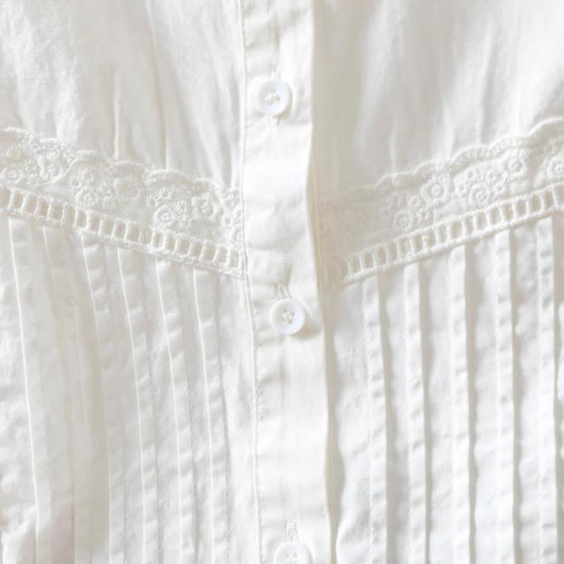 Buddha Stones Fall White Accordion Pleat Design Buttons Women's Cotton Long Sleeve Shirt - image 8