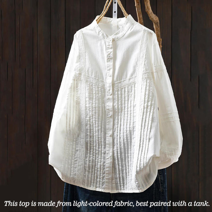 Buddha Stones Fall White Accordion Pleat Design Buttons Women's Cotton Long Sleeve Shirt - image 2