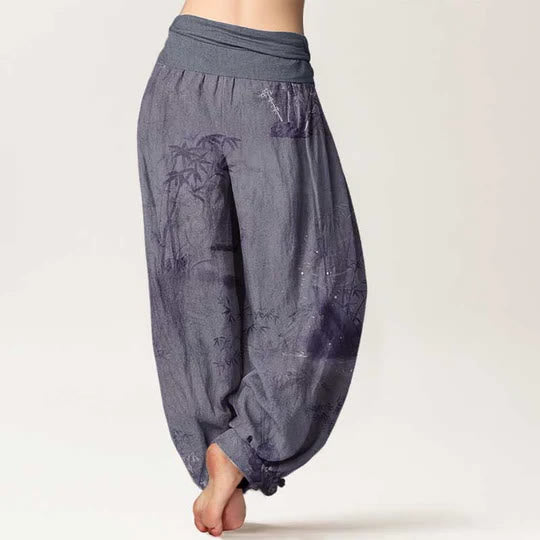Buddha Stones Cotton Casual Bamboo Rock Ink Painting Women's Elastic Waist Harem Pants - image 2