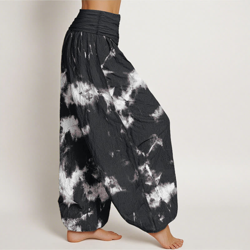 Buddha Stones Cotton White Lines Spots Tie-Dye Pattern Women's Elastic Waist Harem Pants - image 1