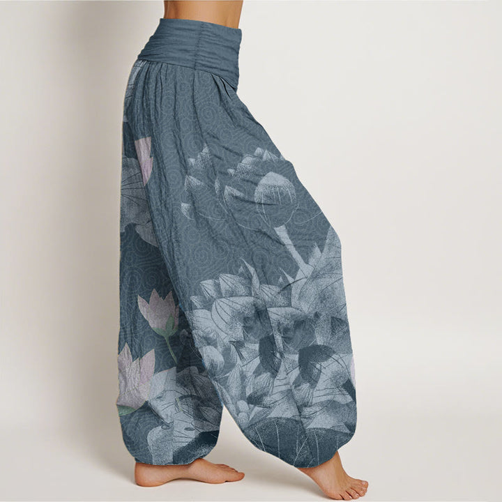 Buddha Stones Cotton Pink And White Lotus Women's Elastic Waist Harem Pants - image 6
