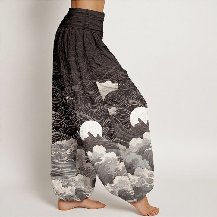 Buddha Stones Cotton Casual Wave Moon Mountain Pattern Women's Elastic Waist Harem Pants - image 2
