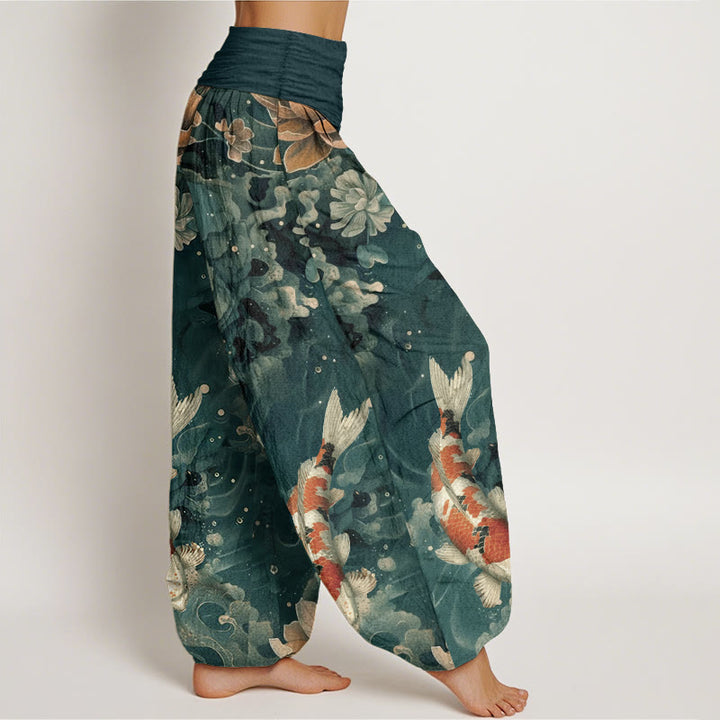 Buddha Stones Cotton Colorful Koi Fish Lotus Flowers Design Women's Elastic Waist Harem Pants - image 2