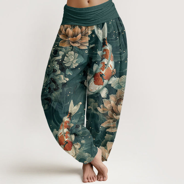 Buddha Stones Cotton Colorful Koi Fish Lotus Flowers Design Women's Elastic Waist Harem Pants - LightSeaGreen - US22，UK/AU26，EU54 (6XL) - image 0