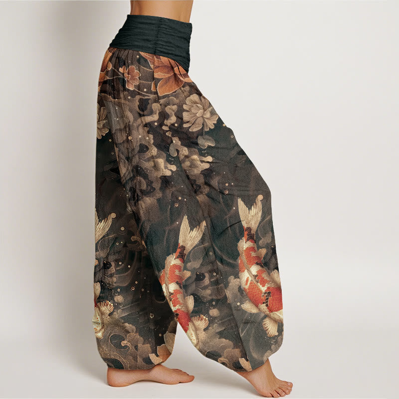 Buddha Stones Cotton Colorful Koi Fish Lotus Flowers Design Women's Elastic Waist Harem Pants - image 6