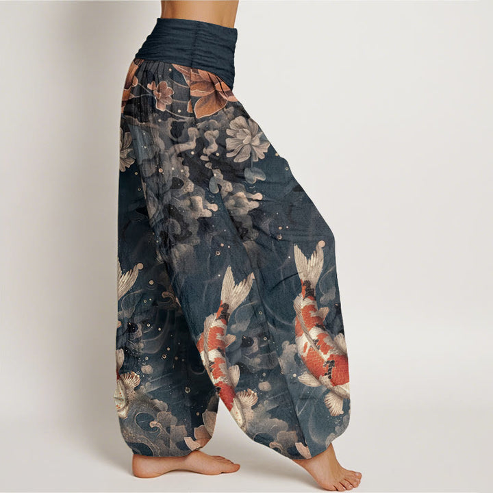 Buddha Stones Cotton Colorful Koi Fish Lotus Flowers Design Women's Elastic Waist Harem Pants - image 9