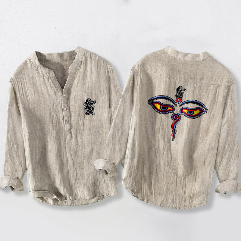Buddha Stones Om Symbol Eyes Pattern Half Buttons Men's Cotton Linen Long Sleeve Shirt - Linen - US/UK/AU50，EU60 (5XL) - image 3