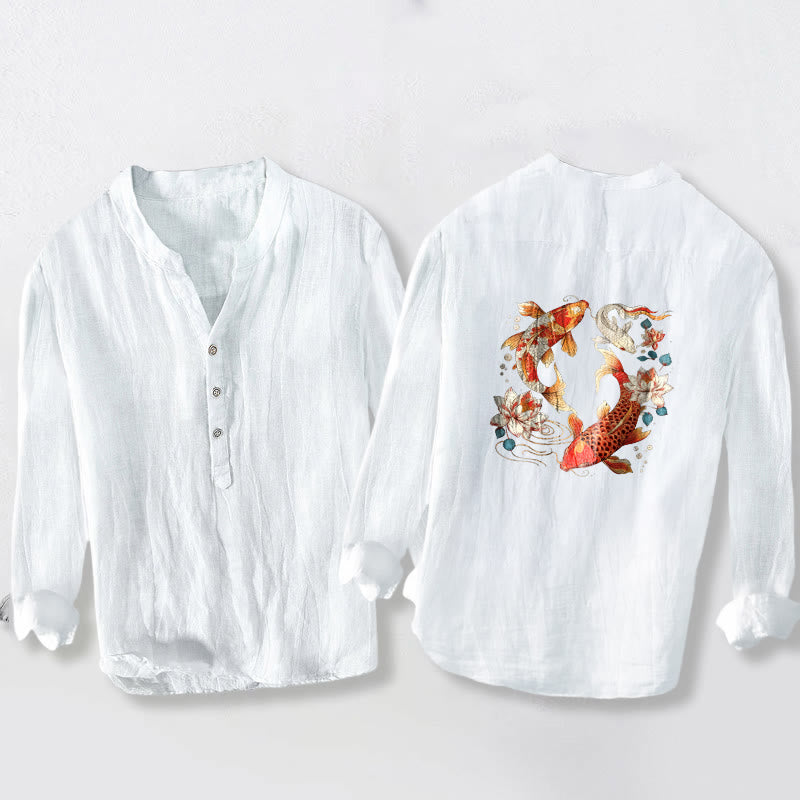 Buddha Stones Bright Koi Fish Lotus Pattern Half Buttons Men's Cotton Linen Long Sleeve Shirt - image 8