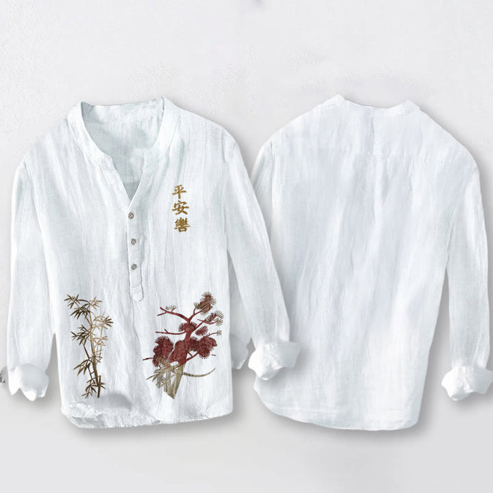 Buddha Stones Chinese Characters Pine Bamboo Half Buttons Men's Cotton Linen Long Sleeve Shirt - image 2