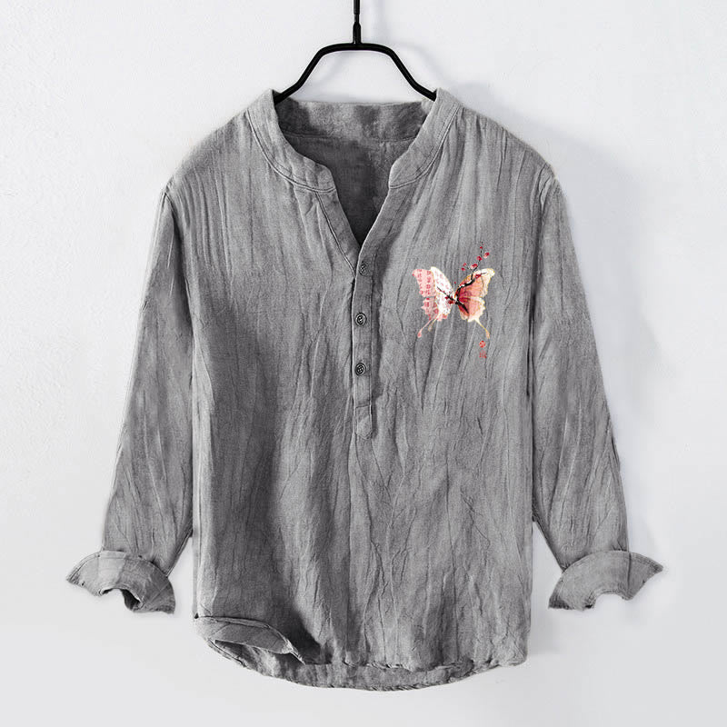 Buddha Stones Butterfly Plum Bossom Pattern Half Buttons Men's Cotton Linen Long Sleeve Shirt - image 1