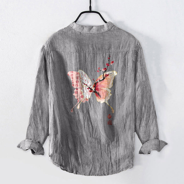 Buddha Stones Butterfly Plum Bossom Pattern Half Buttons Men's Cotton Linen Long Sleeve Shirt - image 2