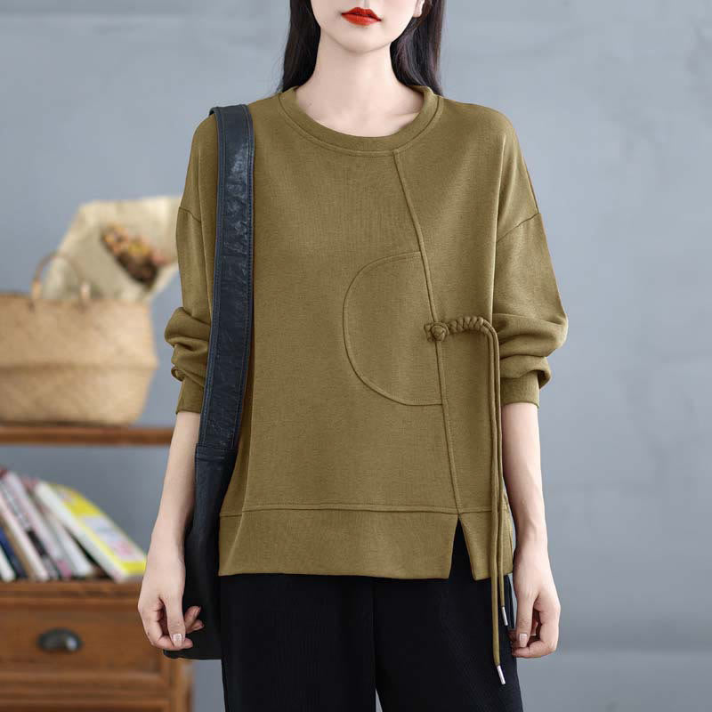 Buddha Stones Plain Frog-button Design Crew Neck Cotton Women's Long Sleeve Sweatshirt - DarkKhaki - US12，UK/AU16，EU44 (3XL) - image 20