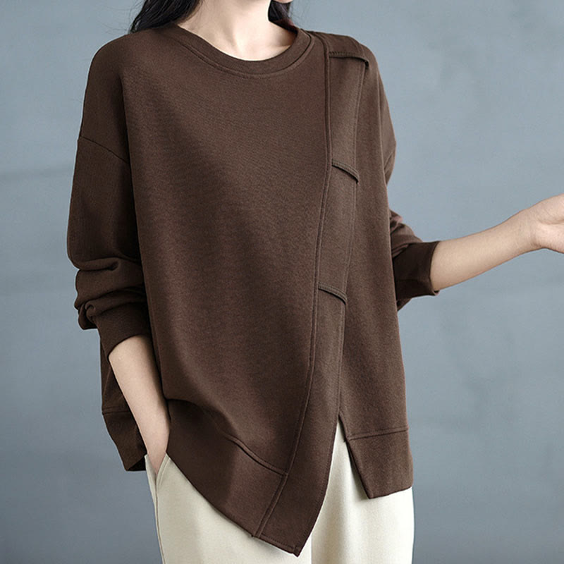 Buddha Stones Fall Solid Color Asymmetrical Design Crew Neck Long Sleeve Women's Cotton Sweatshirt - image 2