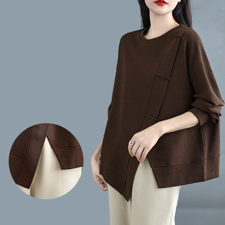 Buddha Stones Fall Solid Color Asymmetrical Design Crew Neck Long Sleeve Women's Cotton Sweatshirt - image 8