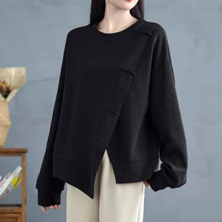 Buddha Stones Fall Solid Color Asymmetrical Design Crew Neck Long Sleeve Women's Cotton Sweatshirt - image 22