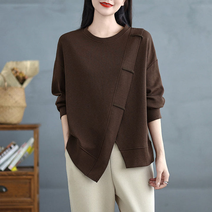 Buddha Stones Fall Solid Color Asymmetrical Design Crew Neck Long Sleeve Women's Cotton Sweatshirt - SaddleBrown - US12，UK/AU16，EU44 (3XL) - image 0