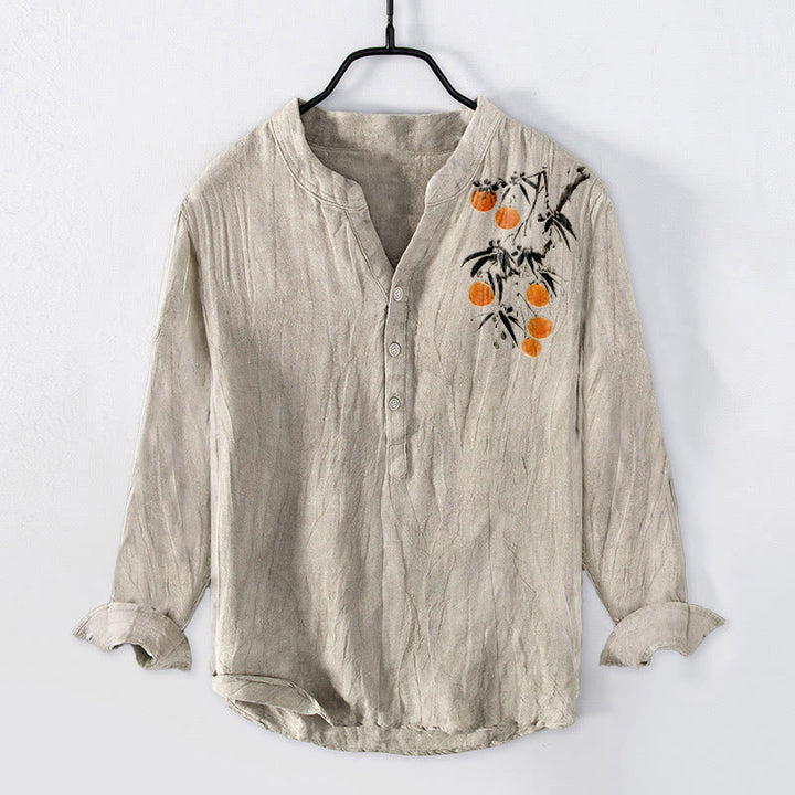 Buddha Stones Elegant Orange Tree Pattern Half Buttons Men's Cotton Linen Long Sleeve Shirt - Linen - US/UK/AU50，EU60 (5XL) - image 0