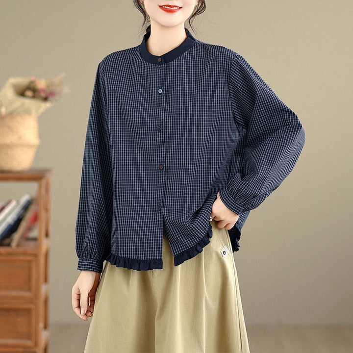 Buddha Stones Fall Plaid Striped Pattern Ruffled Hem Buttons Women's Cotton Long Sleeve Shirt - MidnightBlue Plaid - US8-10，UK/AU12-14，EU40-42 (2XL) - image 0