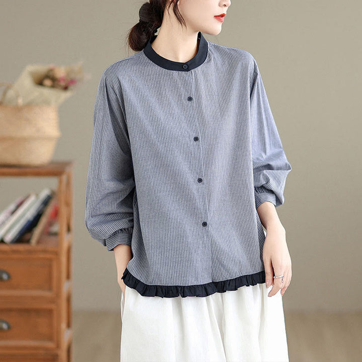 Buddha Stones Fall Plaid Striped Pattern Ruffled Hem Buttons Women's Cotton Long Sleeve Shirt - Silver Striped - US8-10，UK/AU12-14，EU40-42 (2XL) - image 7