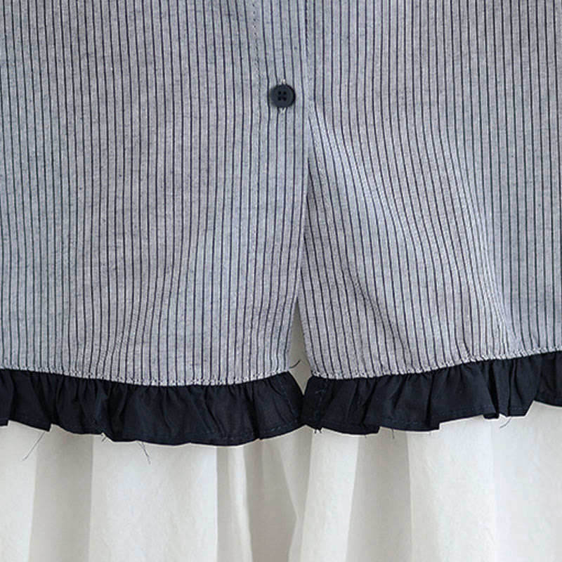 Buddha Stones Fall Plaid Striped Pattern Ruffled Hem Buttons Women's Cotton Long Sleeve Shirt - image 20