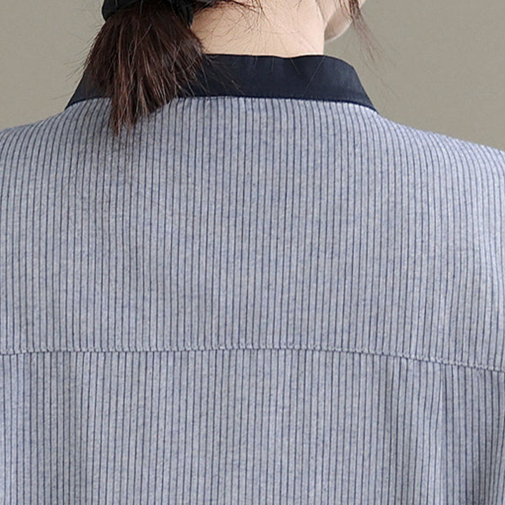 Buddha Stones Fall Plaid Striped Pattern Ruffled Hem Buttons Women's Cotton Long Sleeve Shirt - image 17