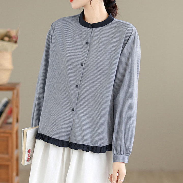 Buddha Stones Fall Plaid Striped Pattern Ruffled Hem Buttons Women's Cotton Long Sleeve Shirt - image 8