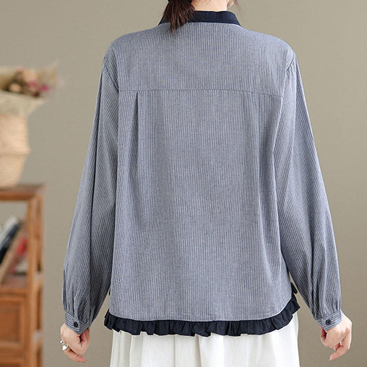 Buddha Stones Fall Plaid Striped Pattern Ruffled Hem Buttons Women's Cotton Long Sleeve Shirt - image 11