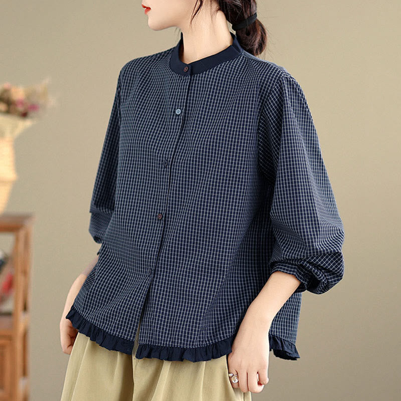 Buddha Stones Fall Plaid Striped Pattern Ruffled Hem Buttons Women's Cotton Long Sleeve Shirt - image 1