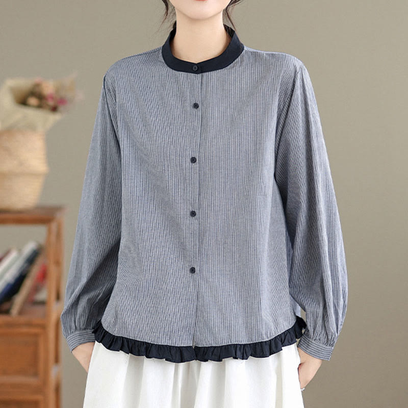 Buddha Stones Fall Plaid Striped Pattern Ruffled Hem Buttons Women's Cotton Long Sleeve Shirt - image 10
