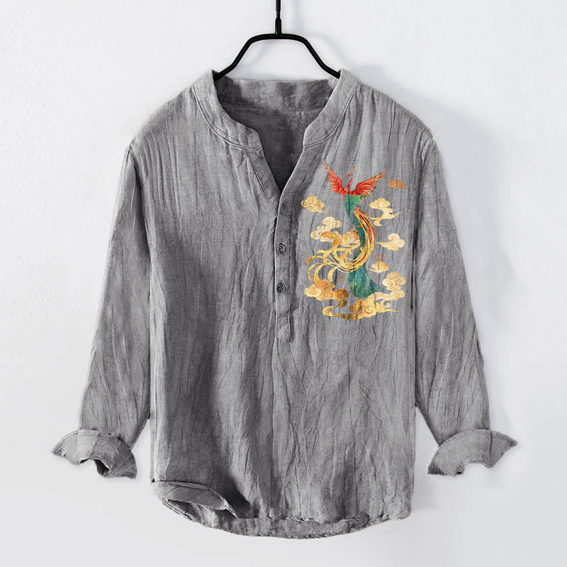 Buddha Stones Bright Phoenix Cloud Pattern Half Buttons Men's Cotton Linen Long Sleeve Shirt - Gray - US/UK/AU50，EU60 (5XL) - image 0
