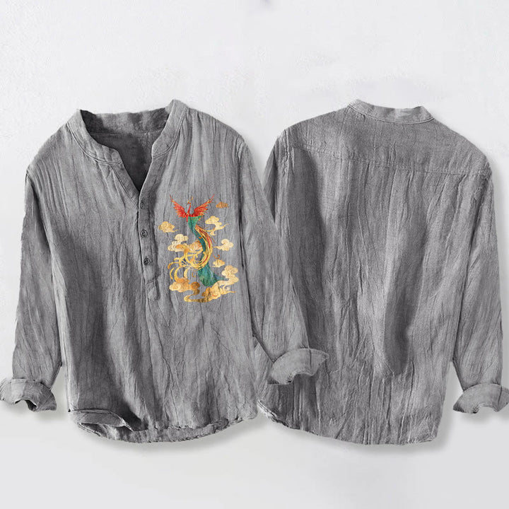 Buddha Stones Bright Phoenix Cloud Pattern Half Buttons Men's Cotton Linen Long Sleeve Shirt - image 2