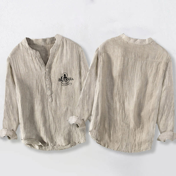 Buddha Stones Buddha Image Lotus Word Pattern Half Buttons Men's Cotton Linen Long Sleeve Shirt - image 2